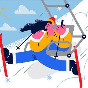 运动滑雪人物女孩自然雪花云朵艺术效果插画