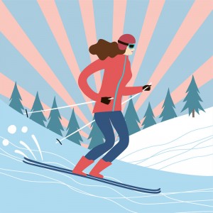 运动滑雪人物女孩植物枝叶艺术效果插画