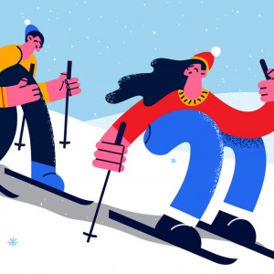 运动滑雪人物女孩自然雪花男孩艺术效果插画